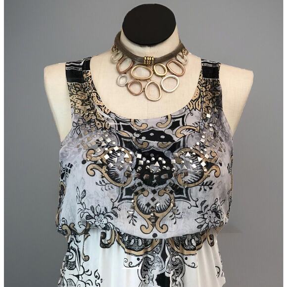 Sleeveless Small Maxi Dress Silver Studded Boho Paisley Peasant Bold Grey - Picture 1 of 11